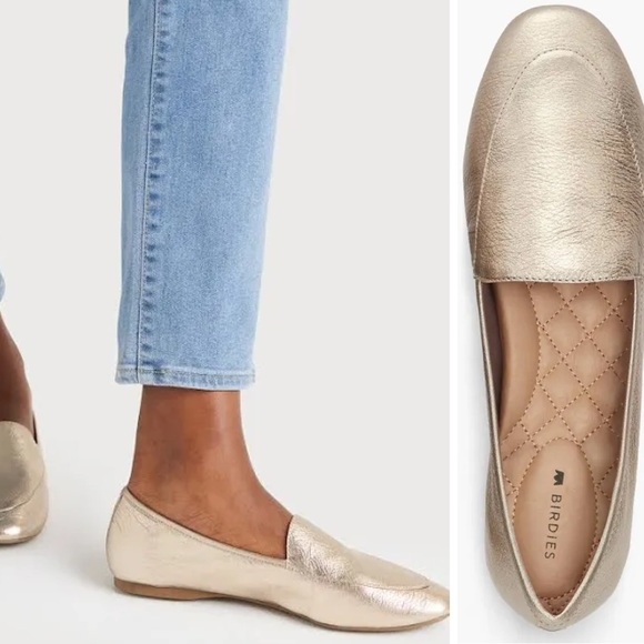 Birdies Shoes - Birdies • The Vesper Loafer Flats in Metallic Gold Leather